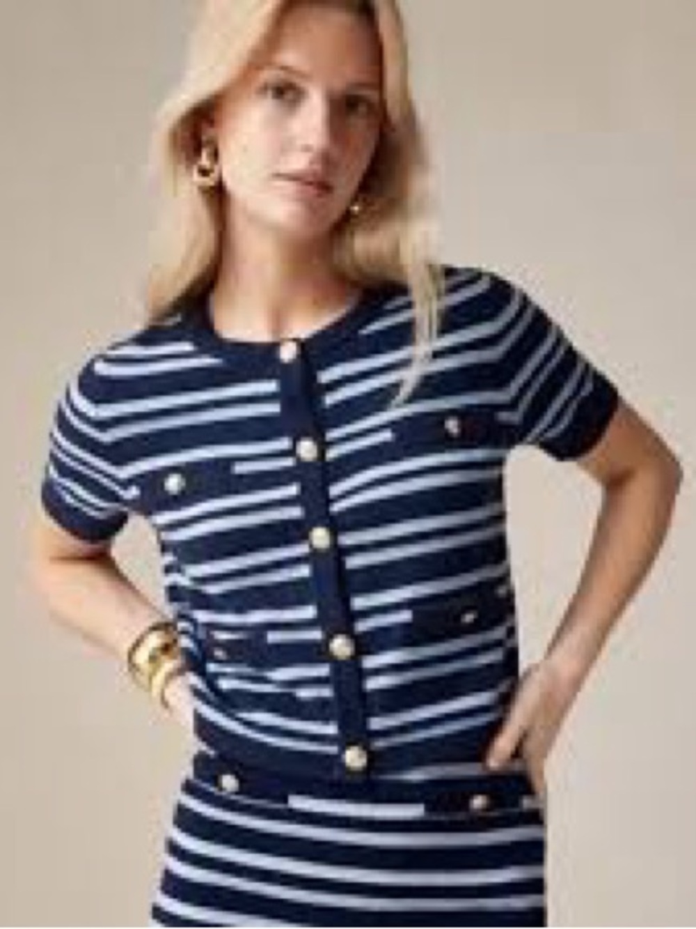 J Crew 100% Cashmere Navy Blue Striped Short Sleeve Sweater M